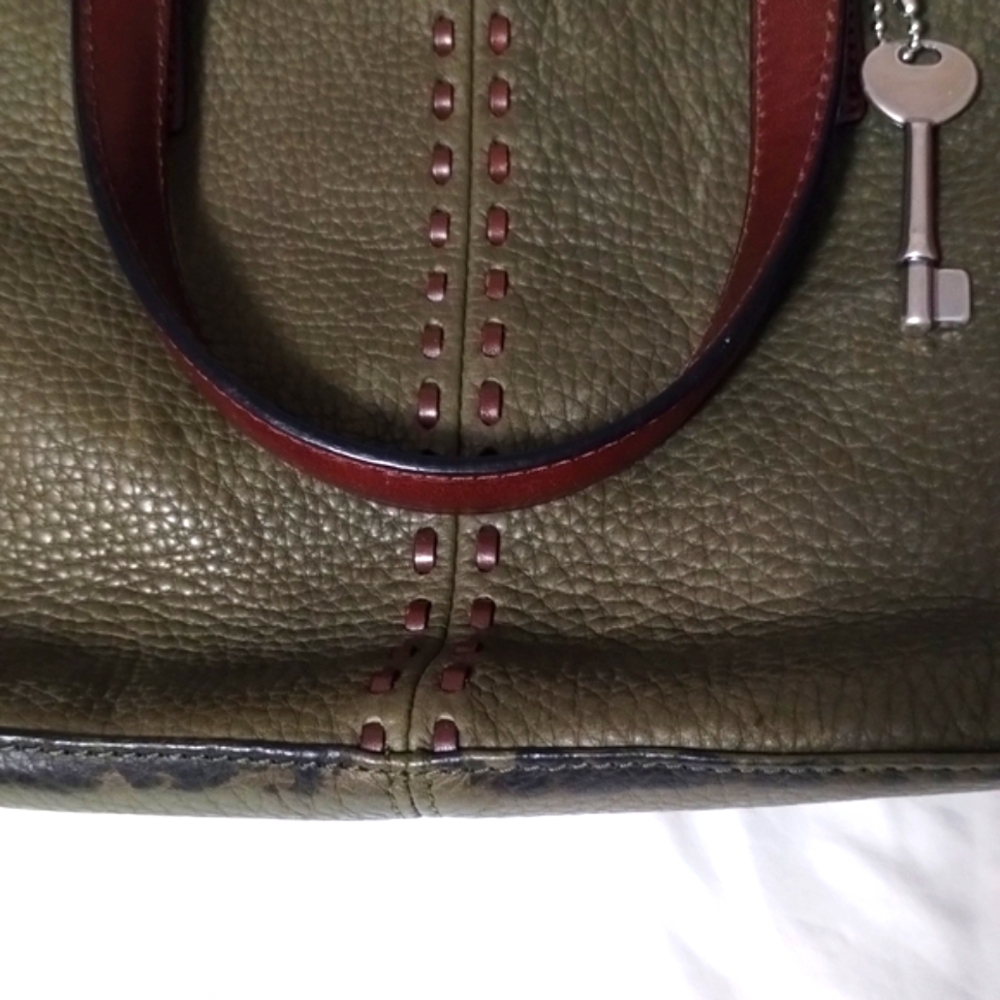 FOSSIL VINTAGE OLIVE GREEN LEATHER TOTE PURSE W/CROSSBODY STRAP